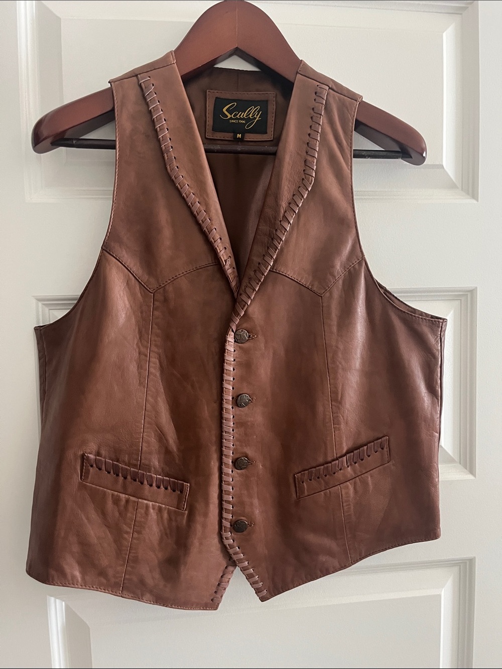 Scully Chestnut Brown Leather Vest with Whipstitch Trim